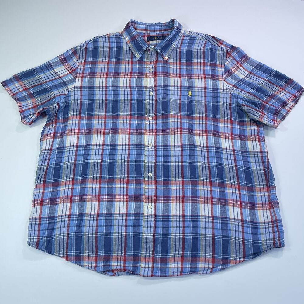 Polo Ralph Lauren Linen Plaid Shirt Men’s XXL Red Blue Short Sleeve Button Down